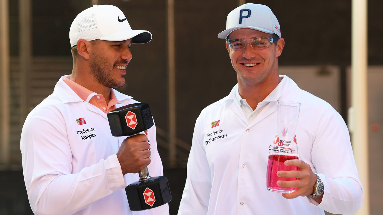 ABU DHABI, UNITED ARAB EMIRATES - JANUARY 14: Brooks Koepka and Bryson DeChambeau attend the launch The Abu Dhabi HSBC Championship Presented by EGA at Masdar City - a unique ‘city of the future’ in the United Arab Emirates on January 14, 2020 in Abu Dhabi, United Arab Emirates.