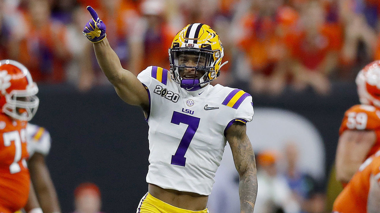 NEW ORLEANS, LOUISIANA - JANUARY 13: Grant Delpit #7 of the LSU Tigers reacts after sacking Trevor Lawrence #16 of the Clemson Tigers during the first quarter in the College Football Playoff National Championship game at Mercedes Benz Superdome on January 13, 2020 in New Orleans, Louisiana.