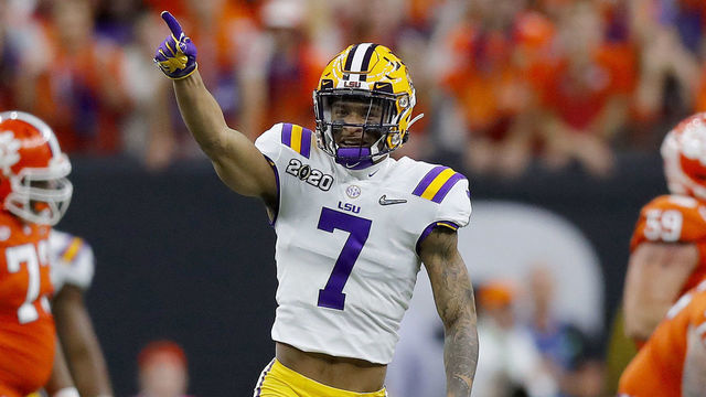 NEW ORLEANS, LOUISIANA - JANUARY 13: Grant Delpit #7 of the LSU Tigers reacts after sacking Trevor Lawrence #16 of the Clemson Tigers during the first quarter in the College Football Playoff National Championship game at Mercedes Benz Superdome on January 13, 2020 in New Orleans, Louisiana.