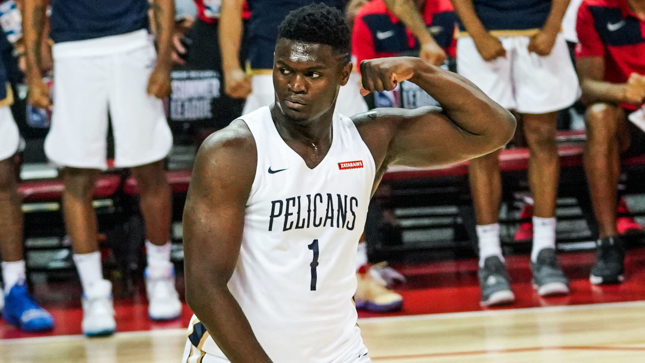 LAS VEGAS, NEVADA - JULY 05: Zion Williamson #1 of the New Orleans Pelicans celebrates after dunking the ball during a game against the New York Knicks at NBA Summer League on July 05, 2019 in Las Vegas, Nevada.