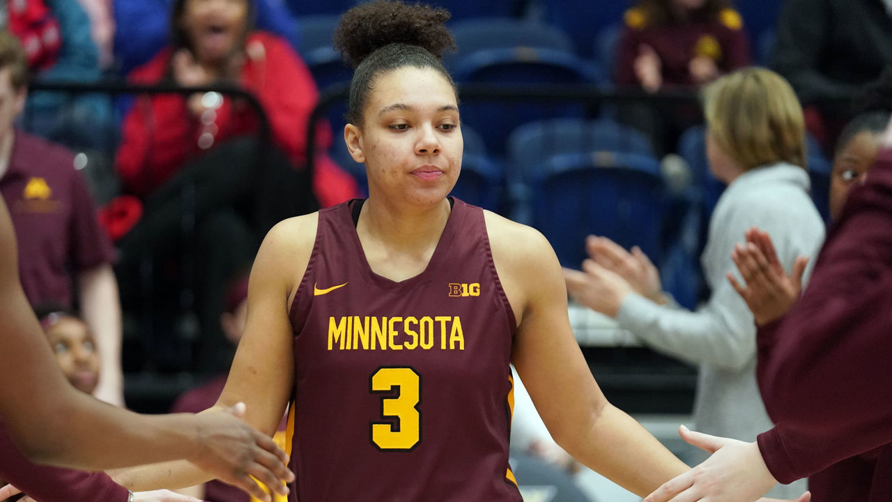 WASHINGTON, DC - DECEMBER 10: Destiny Pitts #3 of the Minnesota Golden Gophers is introduced before a women's college basketball game against the George Washington Colonials at the Smith Center on December 10, 2019 in Washington, DC.
