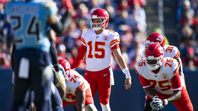 NASHVILLE, TN - NOVEMBER 10: Patrick Mahomes #15 of the Kansas City Chiefs stands under center during the first quarter against the Tennessee Titans at Nissan Stadium on November 10, 2019 in Nashville, Tennessee. Tennessee defeats Kansas City 35-32.