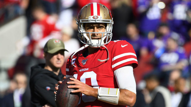 SANTA CLARA, CA - JANUARY 11: San Francisco 49ers Quarterback Jimmy Garoppolo (10) warms up before the NFC Divisional Playoff game between the Minnesota Vikings and the San Francisco 49ers on January 11, 2020, at Levi's Stadium in Santa Clara, CA.