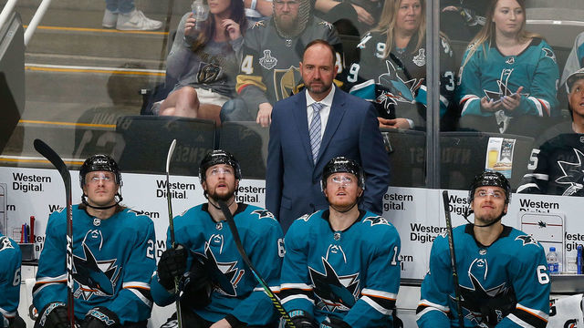 SAN JOSE, CA - APRIL 18: San Jose Sharks head coach Peter DeBoer looks on from the bench in Game Five of the Western Conference First Round during the 2019 NHL Stanley Cup Playoffs against the Vegas Golden Knights at SAP Center on April 18, 2019 in San Jose, California.