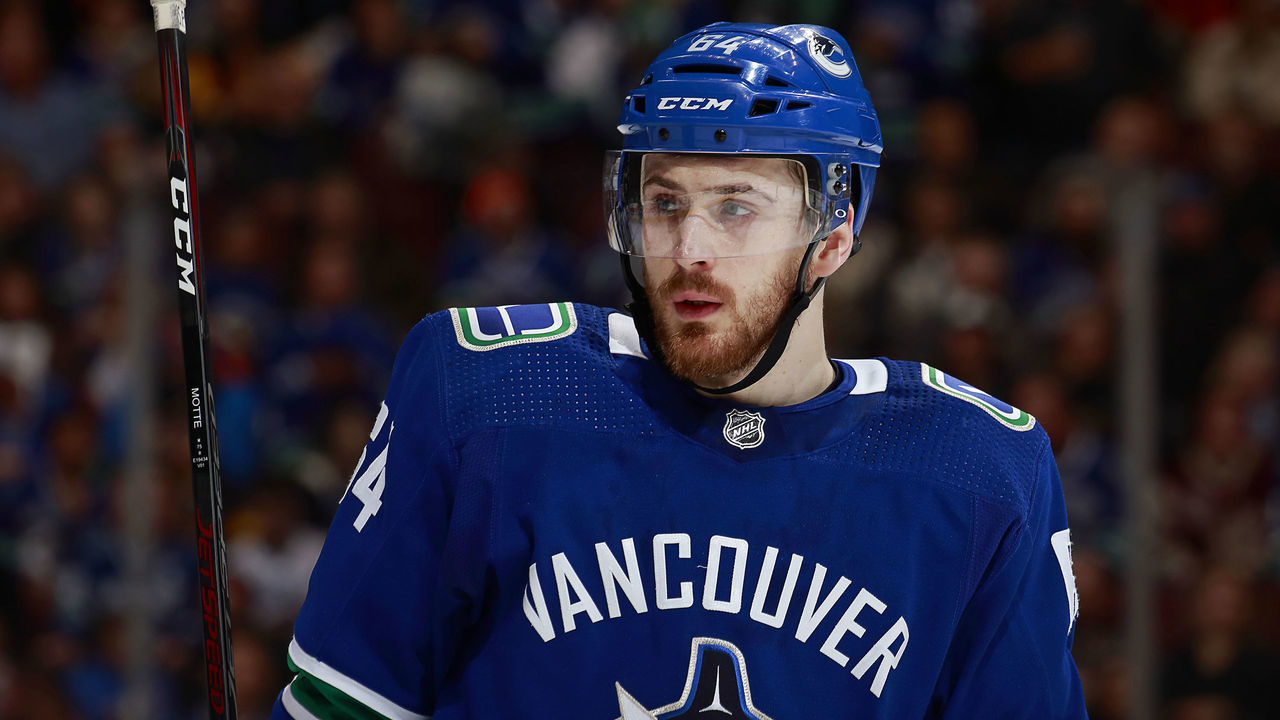 VANCOUVER, BC - FEBRUARY 23: Tyler Motte #64 of the Vancouver Canucks skates up ice during their NHL game against the New York Islanders at Rogers Arena February 23, 2019 in Vancouver, British Columbia, Canada. "n