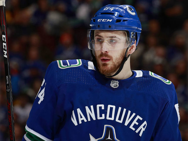 VANCOUVER, BC - FEBRUARY 23: Tyler Motte #64 of the Vancouver Canucks skates up ice during their NHL game against the New York Islanders at Rogers Arena February 23, 2019 in Vancouver, British Columbia, Canada. "n