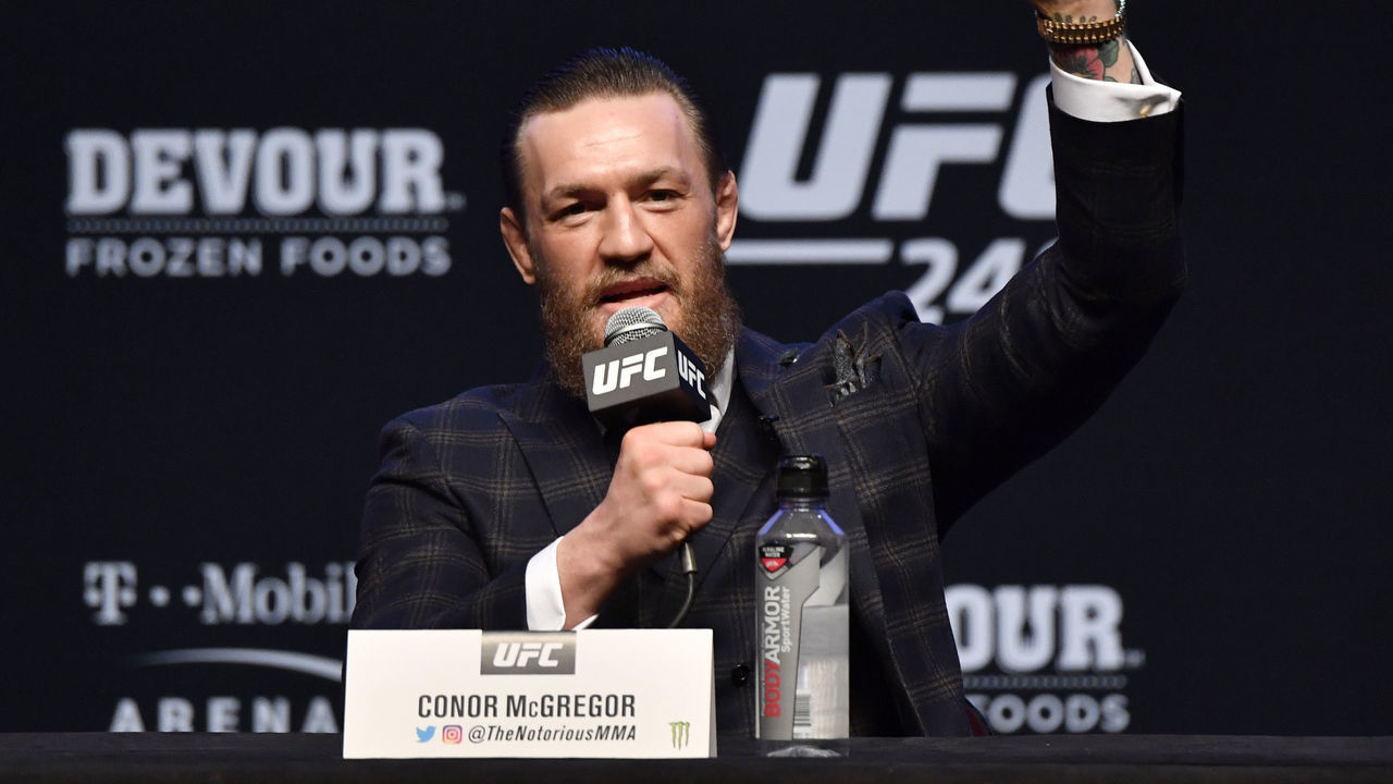 LAS VEGAS, NEVADA - JANUARY 15: Conor McGregor of Ireland interacts with the crowd during the UFC 246 press conference at Pearl Theater at the Palms Casino Resort on January 15, 2020 in Las Vegas, Nevada.