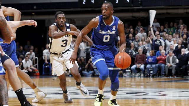 INDIANAPOLIS, IN - JANUARY 15: Quincy McKnight #0 of the Seton Hall Pirates brings the ball up court ahead of Kamar Baldwin #3 of the Butler Bulldogs in the first half at Hinkle Fieldhouse on January 15, 2020 in Indianapolis, Indiana.