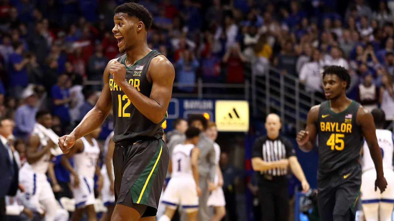 LAWRENCE, KANSAS - JANUARY 11: Jared Butler #12 of the Baylor Bears reacts after scoring during the game against the Kansas Jayhawks at Allen Fieldhouse on January 11, 2020 in Lawrence, Kansas.