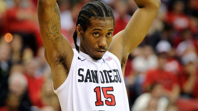 LAS VEGAS, NV - MARCH 11: Kawhi Leonard #15 of the San Diego State Aztecs waits for a UNLV Rebels player to shoot a free throw during a semifinal game of the Conoco Mountain West Conference Basketball tournament at the Thomas & Mack Center March 11, 2011 in Las Vegas, Nevada. San Diego State won 74-72.