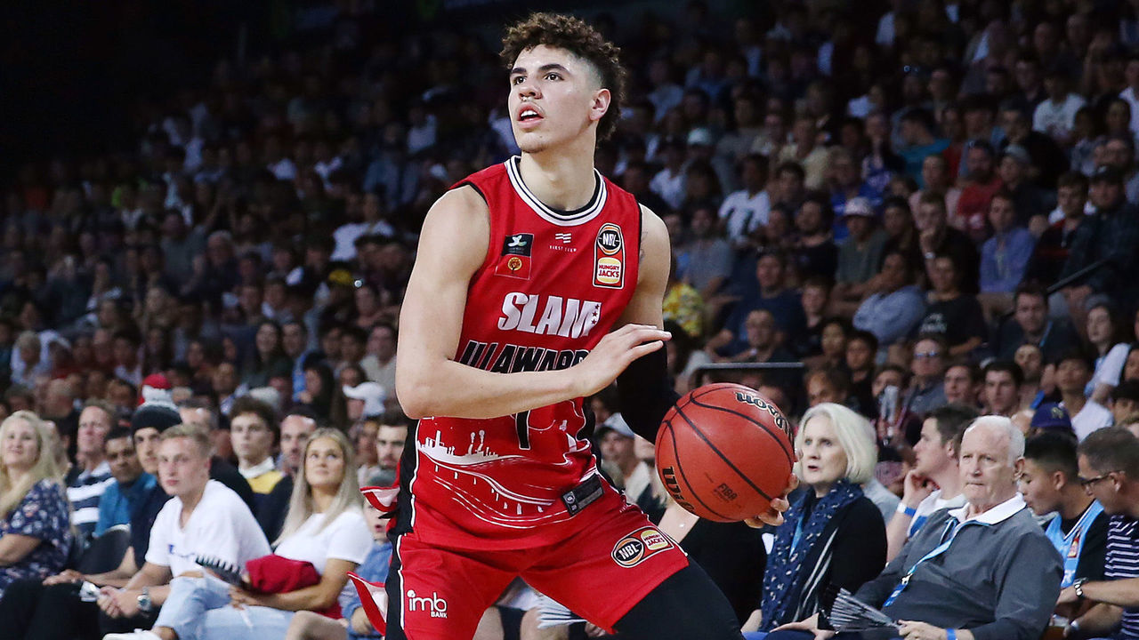 AUCKLAND, NEW ZEALAND - NOVEMBER 30: LaMelo Ball of the Hawks in action during the round 9 NBL match between the New Zealand Breakers and the Illawarra Hawks at Spark Arena on November 30, 2019 in Auckland, New Zealand.