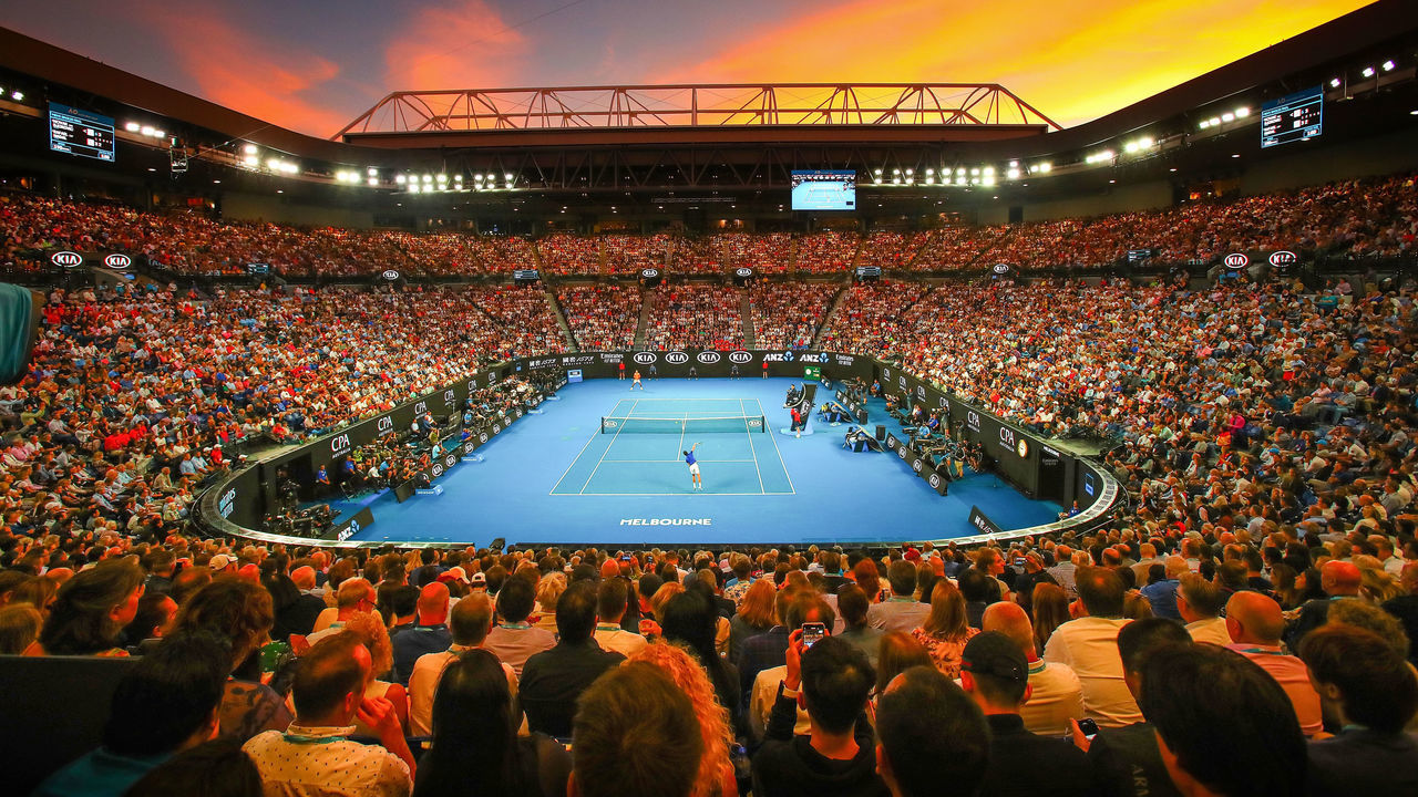 MELBOURNE, AUSTRALIA - JANUARY 27: A general view inside Rod Laver Arena at sunset during the Men's Singles Final match betwen Novak Djokovic of Serbia and Rafael Nadal of Spain during day 14 of the 2019 Australian Open at Melbourne Park on January 27, 2019 in Melbourne, Australia.