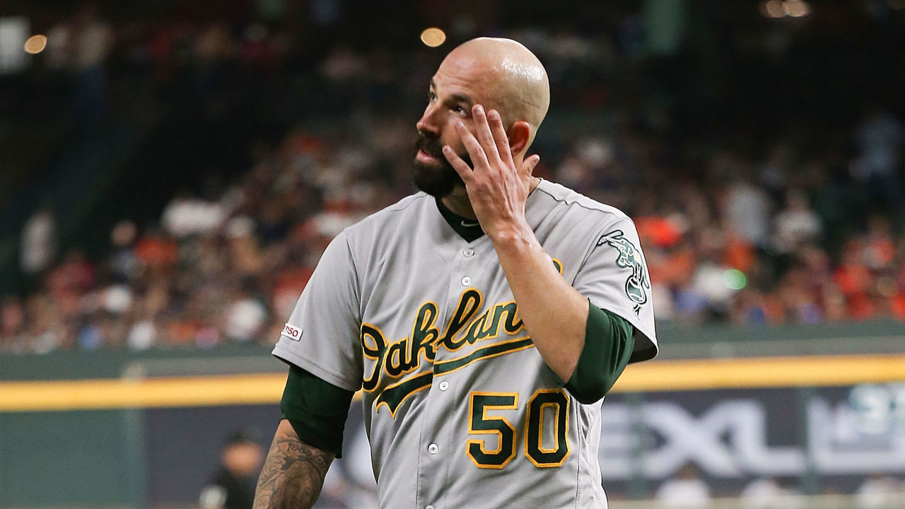 HOUSTON, TEXAS - SEPTEMBER 09: Mike Fiers #50 of the Oakland Athletics walks off the mound at the end of the first inning against the Houston Astros at Minute Maid Park on September 09, 2019 in Houston, Texas.