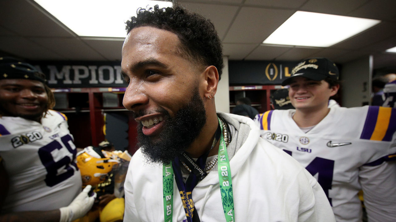 NEW ORLEANS, LOUISIANA - JANUARY 13: Odell Beckham Jr. celebrates in the locker room the LSU Tigers after their 42-25 win over Clemson Tigers in the College Football Playoff National Championship game at Mercedes Benz Superdome on January 13, 2020 in New Orleans, Louisiana.