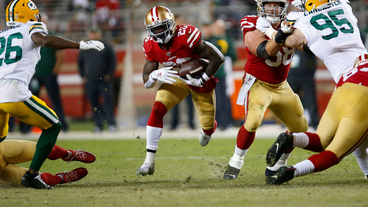 SANTA CLARA, CA - NOVEMBER 24: Tevin Coleman #26 of the San Francisco 49ers rushes during the game against the Green Bay Packers at Levi's Stadium on November 24, 2019 in Santa Clara, California. The 49ers defeated the Packers 37-8.