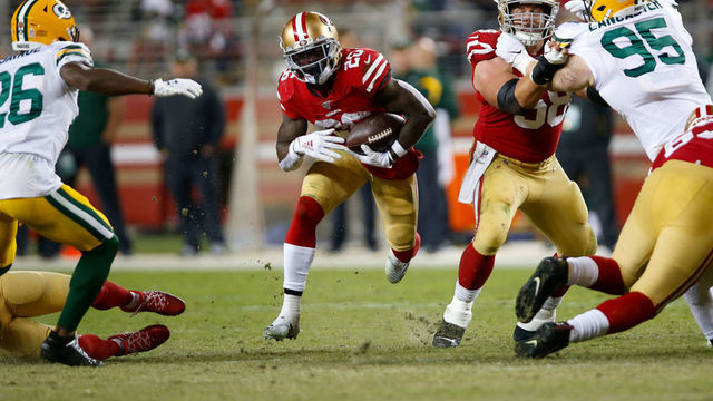SANTA CLARA, CA - NOVEMBER 24: Tevin Coleman #26 of the San Francisco 49ers rushes during the game against the Green Bay Packers at Levi's Stadium on November 24, 2019 in Santa Clara, California. The 49ers defeated the Packers 37-8.