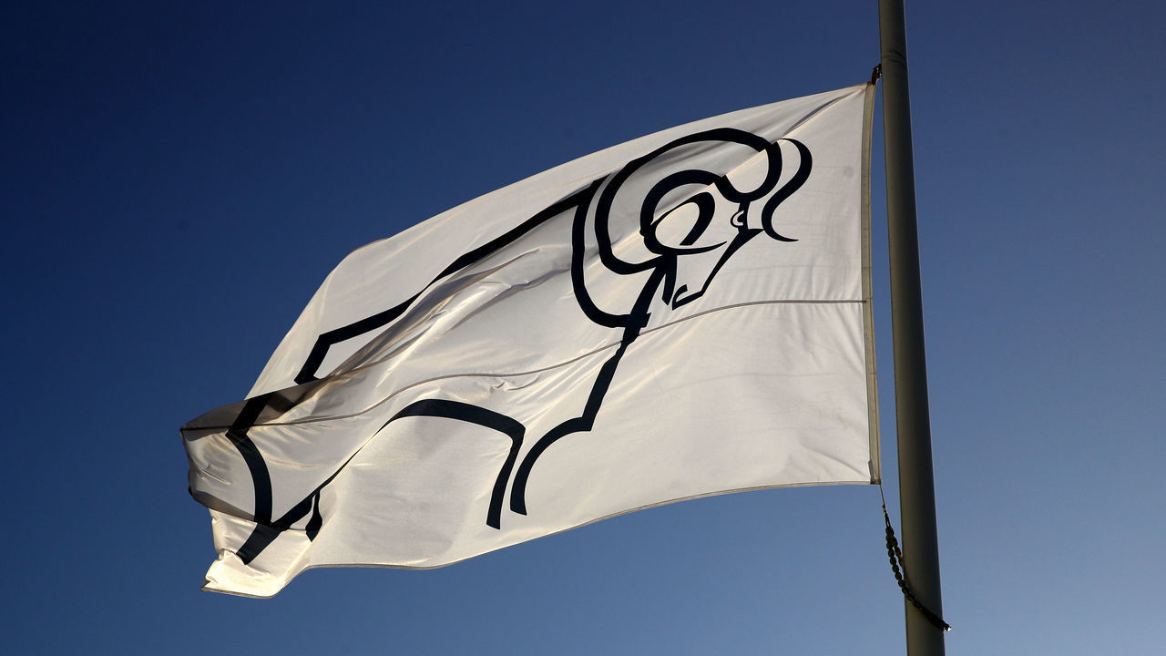 A general view of the club crest on a flag flying at half-mast in memory of Jim Smith outside Pride Park before kick-off Derby County v Millwall - Sky Bet Championship - Pride Park 14-12-2019 .