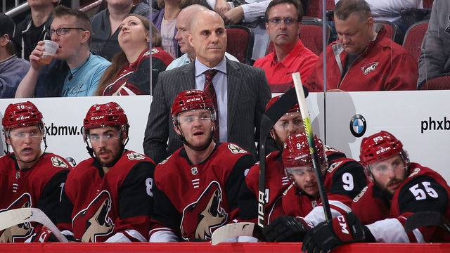 GLENDALE, ARIZONA - OCTOBER 10: Head coach Rick Tocchet of the Arizona Coyotes watches from the bench during the second period of the NHL game against the Vegas Golden Knights at Gila River Arena on October 10, 2019 in Glendale, Arizona.