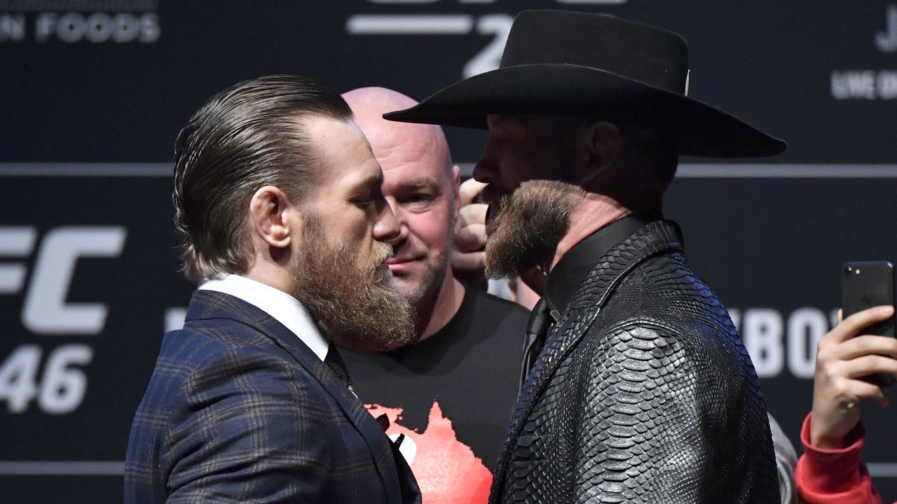 LAS VEGAS, NEVADA - JANUARY 15: (L-R) Conor McGregor of Ireland and Donald Cerrone face off during the UFC 246 press conference at Pearl Theater at the Palms Casino Resort on January 15, 2020 in Las Vegas, Nevada.