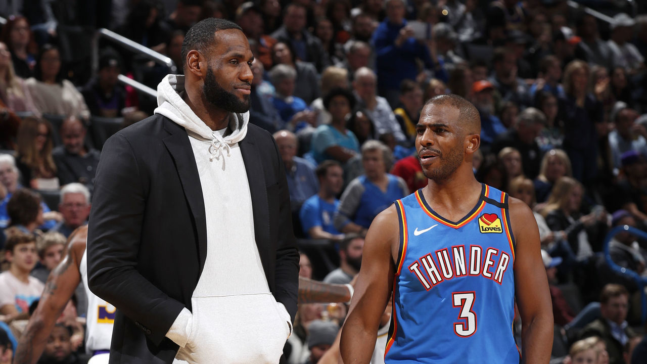 OKLAHOMA CITY, OK - JANUARY 11: LeBron James #23 of the Los Angeles Lakers talks with Chris Paul #3 of the Oklahoma City Thunder during the game on January 11, 2020 at Chesapeake Energy Arena in Oklahoma City, Oklahoma. Mandatory Copyright Notice: Copyright 2020 NBAE