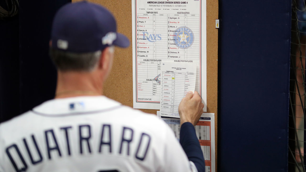 ST. PETERSBURG, FL - OCTOBER 08: Tampa Bay Rays bench coach Matt Quatraro #33 looks at the line up card prior to Game 4 of the ALDS between the Houston Astros and the Tampa Bay Rays at Tropicana Field on Tuesday, October 8, 2019 in St. Petersburg, Florida.