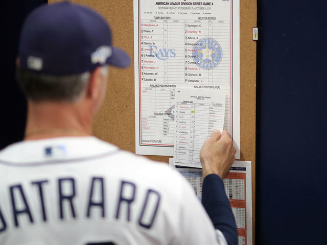 ST. PETERSBURG, FL - OCTOBER 08: Tampa Bay Rays bench coach Matt Quatraro #33 looks at the line up card prior to Game 4 of the ALDS between the Houston Astros and the Tampa Bay Rays at Tropicana Field on Tuesday, October 8, 2019 in St. Petersburg, Florida.