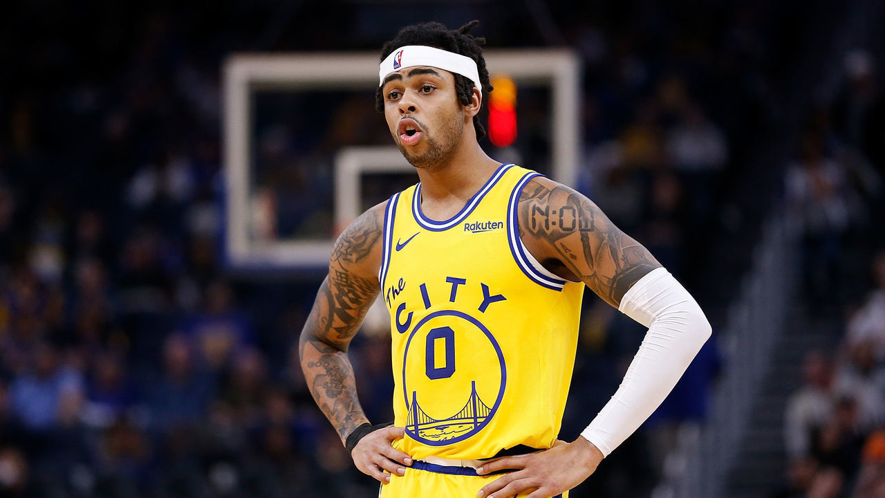SAN FRANCISCO, CALIFORNIA - DECEMBER 27: D'Angelo Russell #0 of the Golden State Warriors looks on in the second half against the Phoenix Suns at Chase Center on December 27, 2019 in San Francisco, California. NOTE TO USER: User expressly acknowledges and agrees that, by downloading and/or using this photograph, user is consenting to the terms and conditions of the Getty Images License Agreement.
