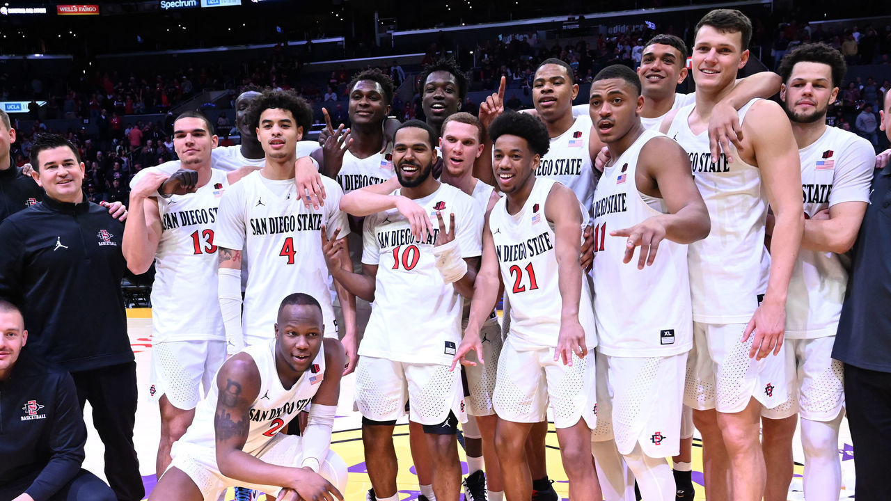 LOS ANGELES, CA - DECEMBER 21: The San Diego State Aztecs team remains undefeated after defeating the Utah Utes in the Air Force Reserve Basketball Hall of Fame Classic at Staples Center on December 21, 2019 in Los Angeles, California.