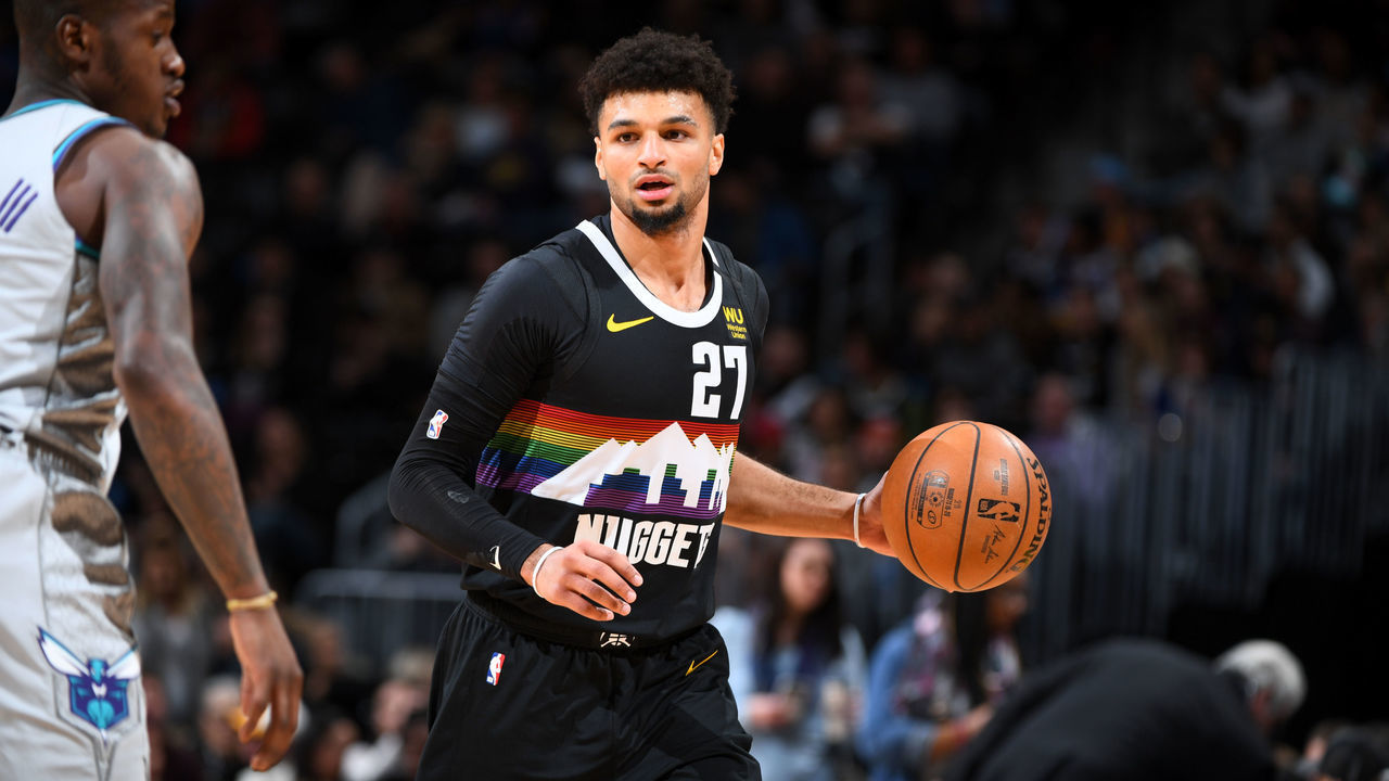 DENVER, CO - JANUARY 15: Jamal Murray #27 of the Denver Nuggets handles the ball against the Charlotte Hornets on January 15, 2020 at the Pepsi Center in Denver, Colorado. NOTE TO USER: User expressly acknowledges and agrees that, by downloading and/or using this Photograph, user is consenting to the terms and conditions of the Getty Images License Agreement. Mandatory Copyright Notice: Copyright 2020 NBAE