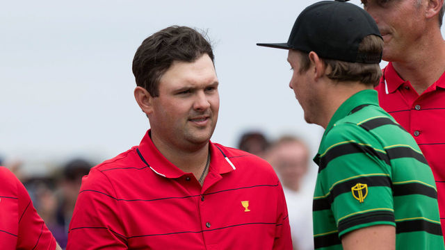 MELBOURNE, VIC - DECEMBER 15: Patrick Reed of team USA shakes Cameron Smith of Australia hand during the final round of The Presidents Cup at Royal Melbourne Golf Club on December 15, 2019 in Melbourne, Australia.