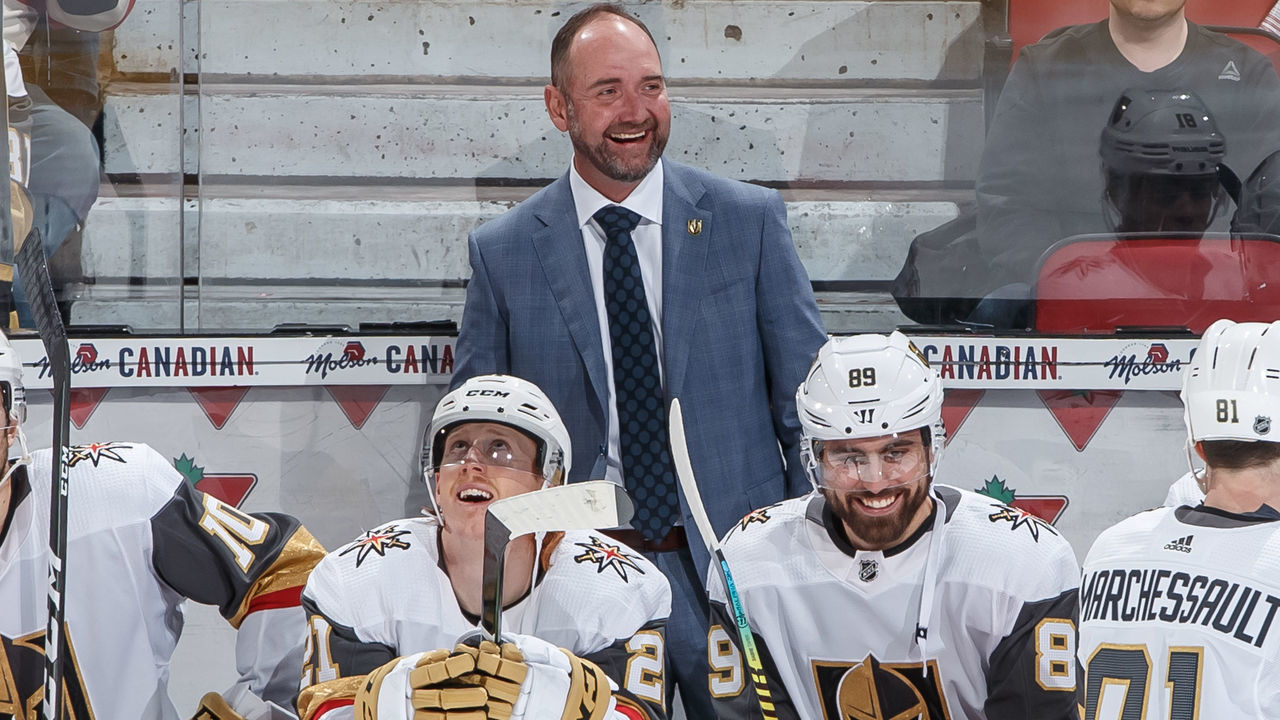 OTTAWA, ON - JANUARY 16: Head coach Peter DeBoer of the Vegas Golden Knights shares a laugh with Cody Eakin #21 and Alex Tuch #89 at the bench before an NHL game against the Ottawa Senators at Canadian Tire Centre on January 16, 2020 in Ottawa, Ontario, Canada.
