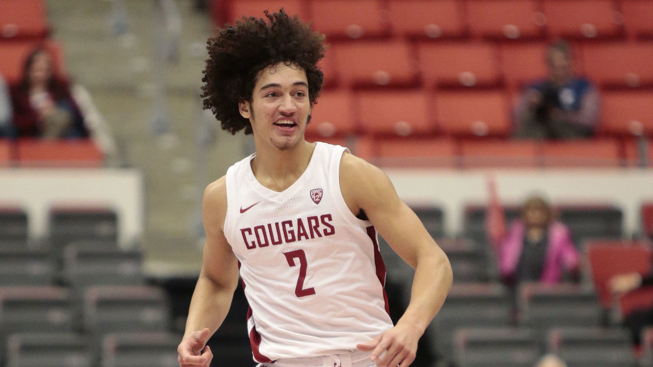 PULLMAN, WASHINGTON - DECEMBER 19: CJ Elleby #2 of the Washington State Cougars reacts after scoring a field goal against the Florida A&M Rattlers in the second half at Beasley Coliseum on December 19, 2019 in Pullman, Washington. Washington State defeats Florida A&M 87-73.