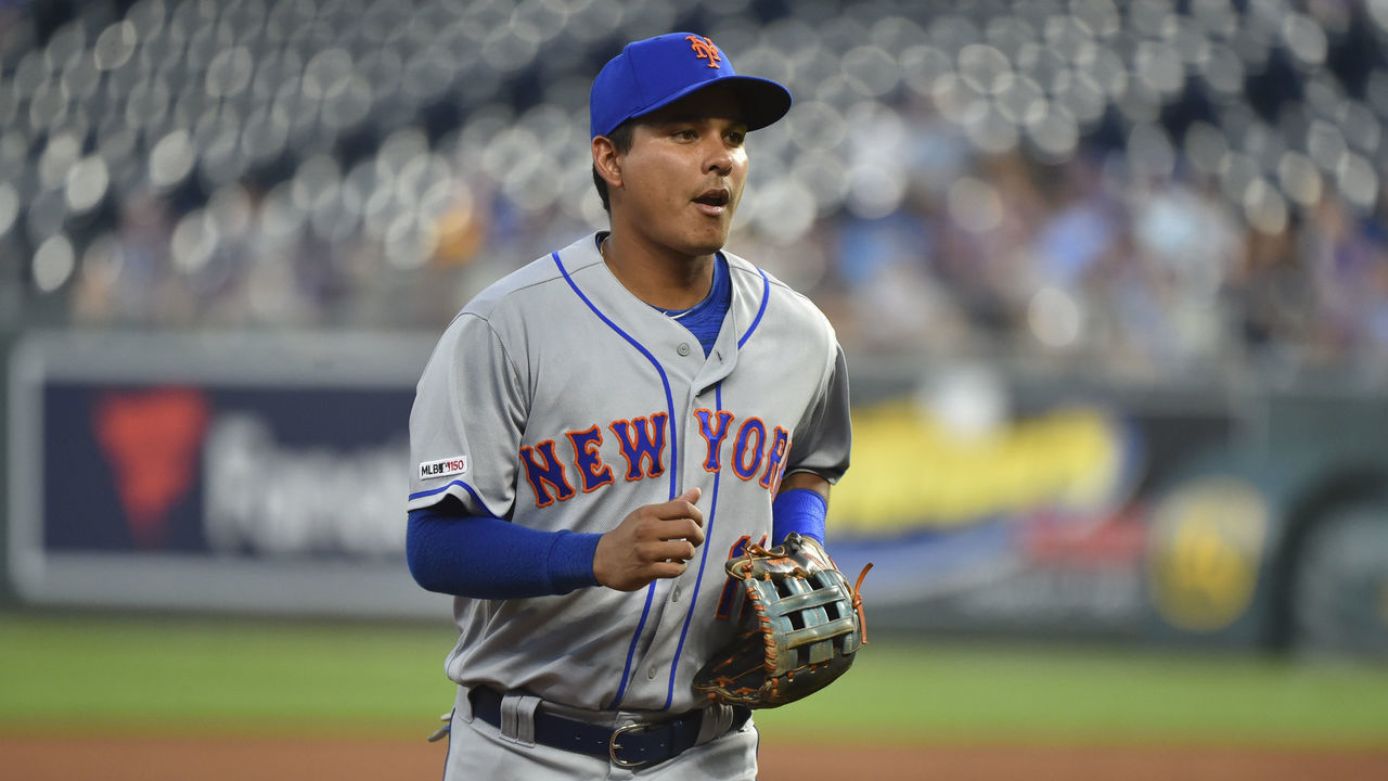 KANSAS CITY, MO - AUGUST 16: Ruben Tejada #11 of the New York Mets in action against the Kansas City Royals at Kauffman Stadium on August 16, 2019 in Kansas City, Missouri.