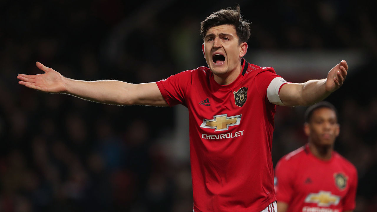 MANCHESTER, ENGLAND - JANUARY 15: Harry Maguire of Manchester United reacts during the FA Cup Third Round Replay match between Manchester United and Wolverhampton Wanderers at Old Trafford on January 15, 2020 in Manchester, England.
