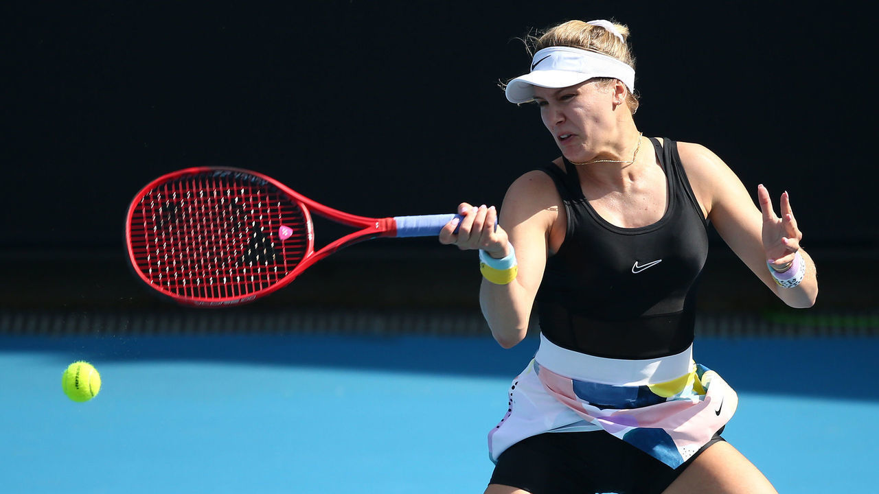 MELBOURNE, AUSTRALIA - JANUARY 16: Eugenie Bouchard of Canada plays a forehand in her match against Maddison Inglis of Australia during 2020 Australian Open Qualifying at Melbourne Park on January 16, 2020 in Melbourne, Australia.