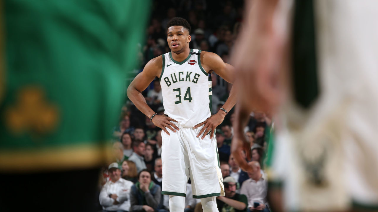 MILWAUKEE, WI - JANUARY 16: Giannis Antetokounmpo #34 of the Milwaukee Bucks looks on during the game against the Boston Celtics on January 16, 2020 at the Fiserv Forum Center in Milwaukee, Wisconsin. Mandatory Copyright Notice: Copyright 2020 NBAE .