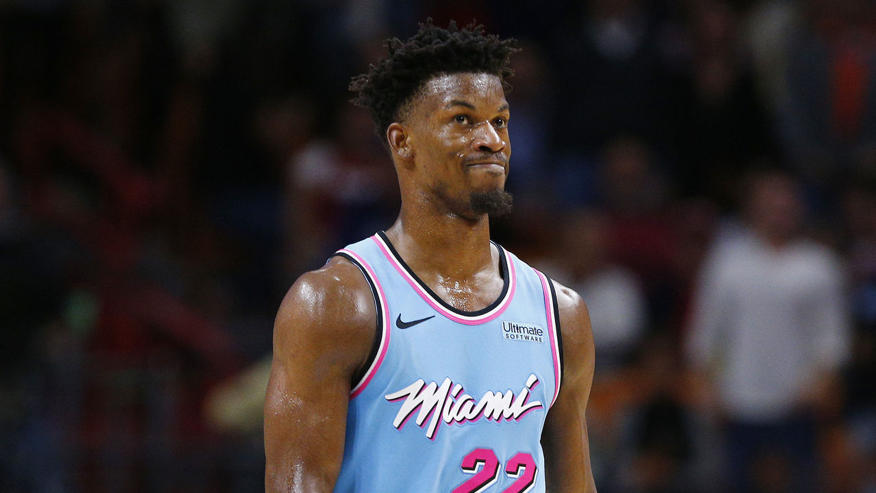 MIAMI, FLORIDA - DECEMBER 28: Jimmy Butler #22 of the Miami Heat reacts against the Philadelphia 76ers during the second half at American Airlines Arena on December 28, 2019 in Miami, Florida. NOTE TO USER: User expressly acknowledges and agrees that, by downloading and/or using this photograph, user is consenting to the terms and conditions of the Getty Images License Agreement.