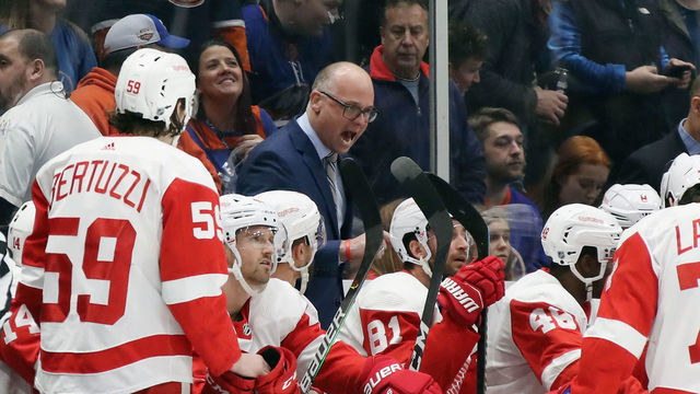 UNIONDALE, NEW YORK - JANUARY 14: Jeff Blashill, head coach of the Detroit Red Wings speaks to his team during a first period timeout during the game against the New York Islanders at NYCB Live's Nassau Coliseum on January 14, 2020 in Uniondale, New York.