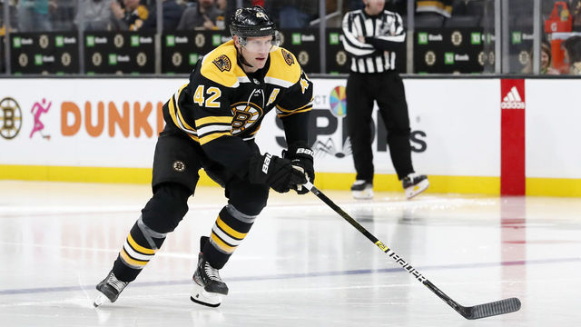 BOSTON, MA - JANUARY 09: Boston Bruins center David Backes (42) skates out for the second period during a game between the Boston Bruins and the Winnipeg Jets on January 9, 2020, at TD Garden in Boston, Massachusetts.