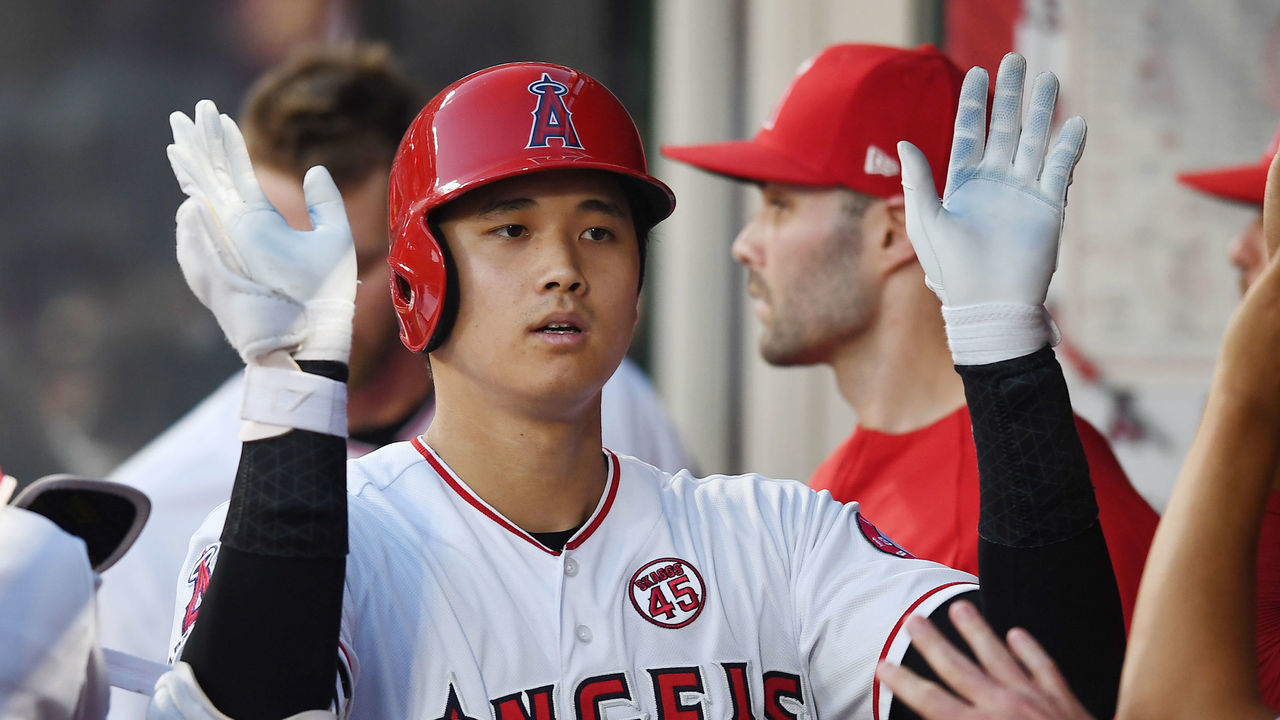 ANAHEIM, CA - SEPTEMBER 11: Los Angeles Angels designated hitter Shohei Ohtani (17) in the dugout after hitting a solo home run in the fifth inning of a game against the Cleveland Indians played on September 11, 2019 at Angel Stadium of Anaheim in Anaheim, CA.