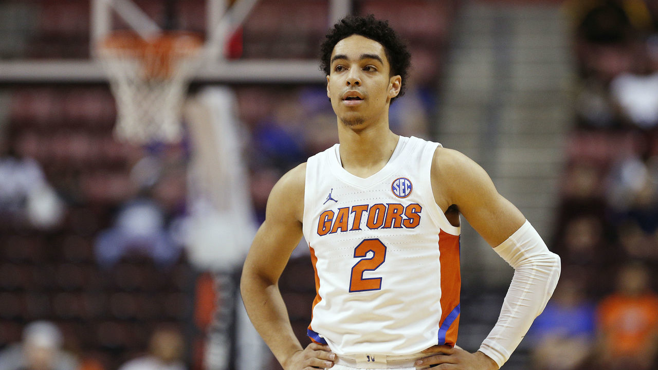 SUNRISE, FLORIDA - DECEMBER 21: Andrew Nembhard #2 of the Florida Gators looks on against the Utah State Aggies during the first half of the Orange Bowl Basketball Classic at BB&T Center on December 21, 2019 in Sunrise, Florida.