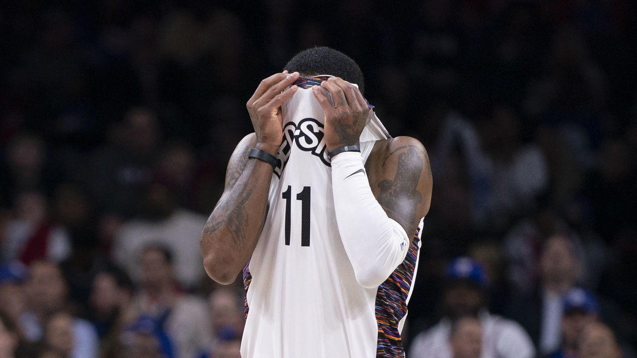 PHILADELPHIA, PA - JANUARY 15: Kyrie Irving #11 of the Brooklyn Nets wipes his face during the fourth quarter against the Philadelphia 76ers at the Wells Fargo Center on January 15, 2020 in Philadelphia, Pennsylvania. The 76ers defeated the Nets 117-106. NOTE TO USER: User expressly acknowledges and agrees that, by downloading and/or using this photograph, user is consenting to the terms and conditions of the Getty Images License Agreement.
