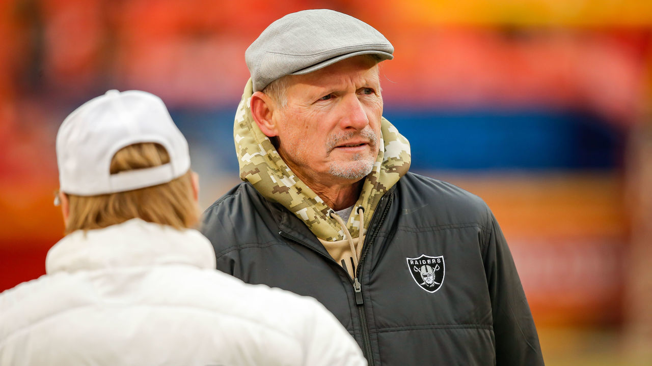 KANSAS CITY, MO - DECEMBER 01: Oakland Raiders general manager Mike Mayock spoke with Raiders owner Mark Davis during pregame warmups prior to the game against the Kansas City Chiefs at Arrowhead Stadium on December 1, 2019 in Kansas City, Missouri.