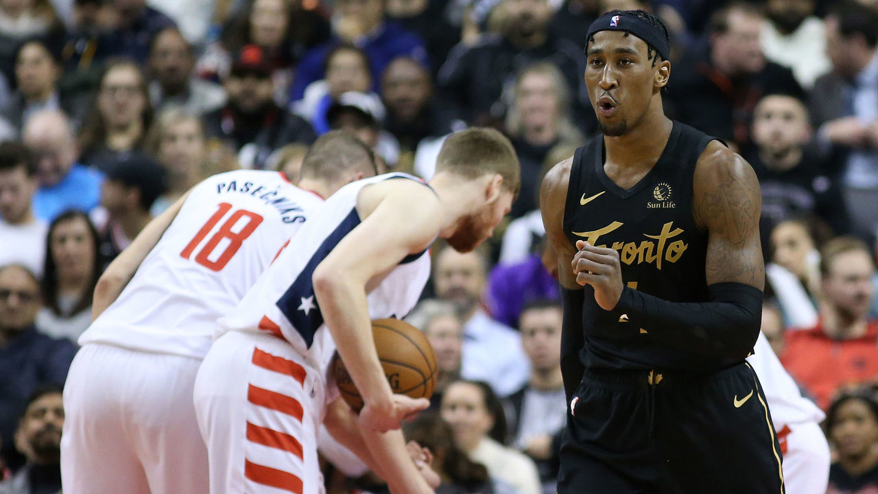 TORONTO, ON- JANUARY 17 - Toronto Raptors forward Rondae Hollis-Jefferson (4) reacts after a dunk as the Toronto Raptors beat the Washington Wizards 140-111 at Scotiabank Arena in Toronto. January 17, 2020. (Steve Russell/Toronto Star via Getty Images)