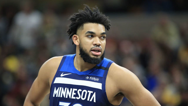 INDIANAPOLIS, INDIANA - JANUARY 17: Karl Anthony-Towns #32 of the Minnesota Timberwolves against the Indiana Pacers at Bankers Life Fieldhouse on January 17, 2020 in Indianapolis, Indiana.