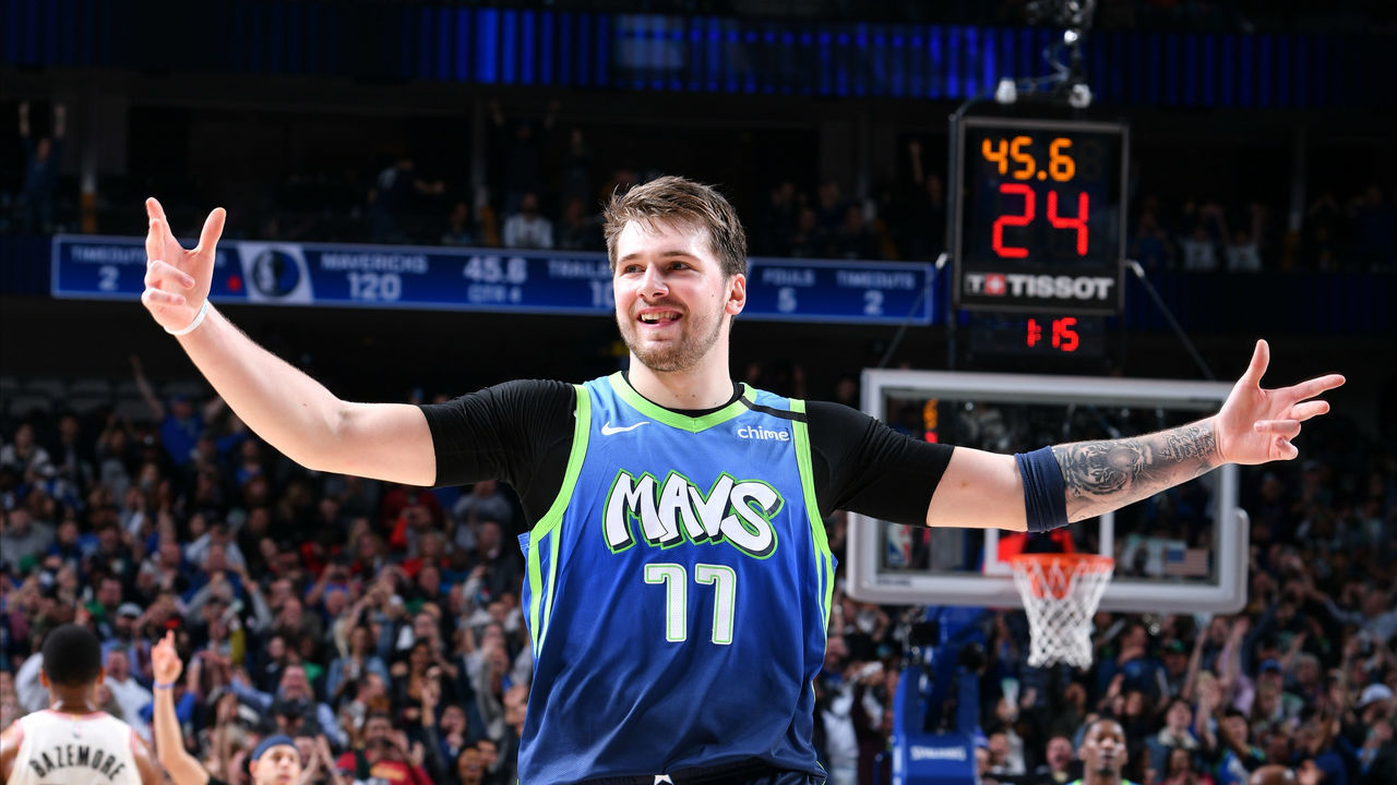 DALLAS, TX - JANUARY 17: Luka Doncic #77 of the Dallas Mavericks reacts during a game against the Portland Trail Blazers on January 17, 2020 at the American Airlines Center in Dallas, Texas. Mandatory Copyright Notice: Copyright 2020 NBAE