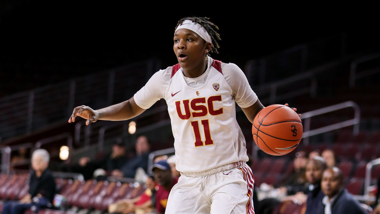 LOS ANGELES, CA - DECEMBER 14: USC Trojans guard Aliyah Jeune (11) jumps with her dribble during the UNLV Lady Rebels vs USC Trojans women's basketball game on December 14, 2019, at the Galen Center in Los Angeles, CA.