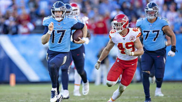 NASHVILLE, TN - NOVEMBER 10: Ryan Tannehill #17 of the Tennessee Titans runs the ball and is chased by Daniel Sorensen #49 of the Kansas City Chiefs at Nissan Stadium on November 10, 2019 in Nashville, Tennessee. The Titans defeated the Chiefs 35-32.