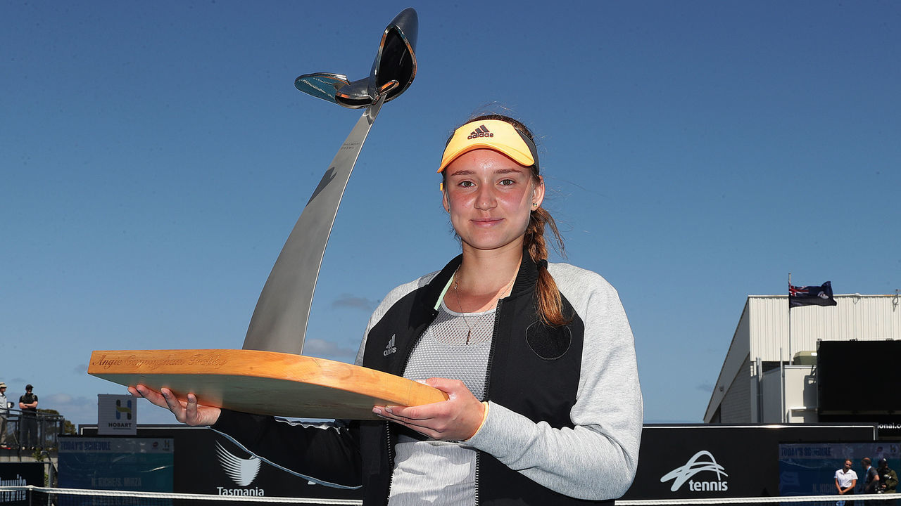 HOBART, AUSTRALIA - JANUARY 18: Elena Rybakina of Kazakhstan poses with the Hobart International trophy after winning her final singles match against Zhang Shuai of China during day eight of the 2020 Hobart International at Domain Tennis Centre on January 18, 2020 in Hobart, Australia.