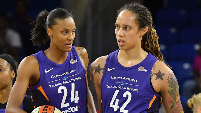 CHICAGO, IL - JUNE 24: Phoenix Mercury's Brittney Griner (42) walks off the court with Phoenix Mercury's DeWanna Bonner (24) after being called for a technical foul against the Chicago Sky on June 24, 2018 at the Wintrust Arena in Chicago, Illinois.